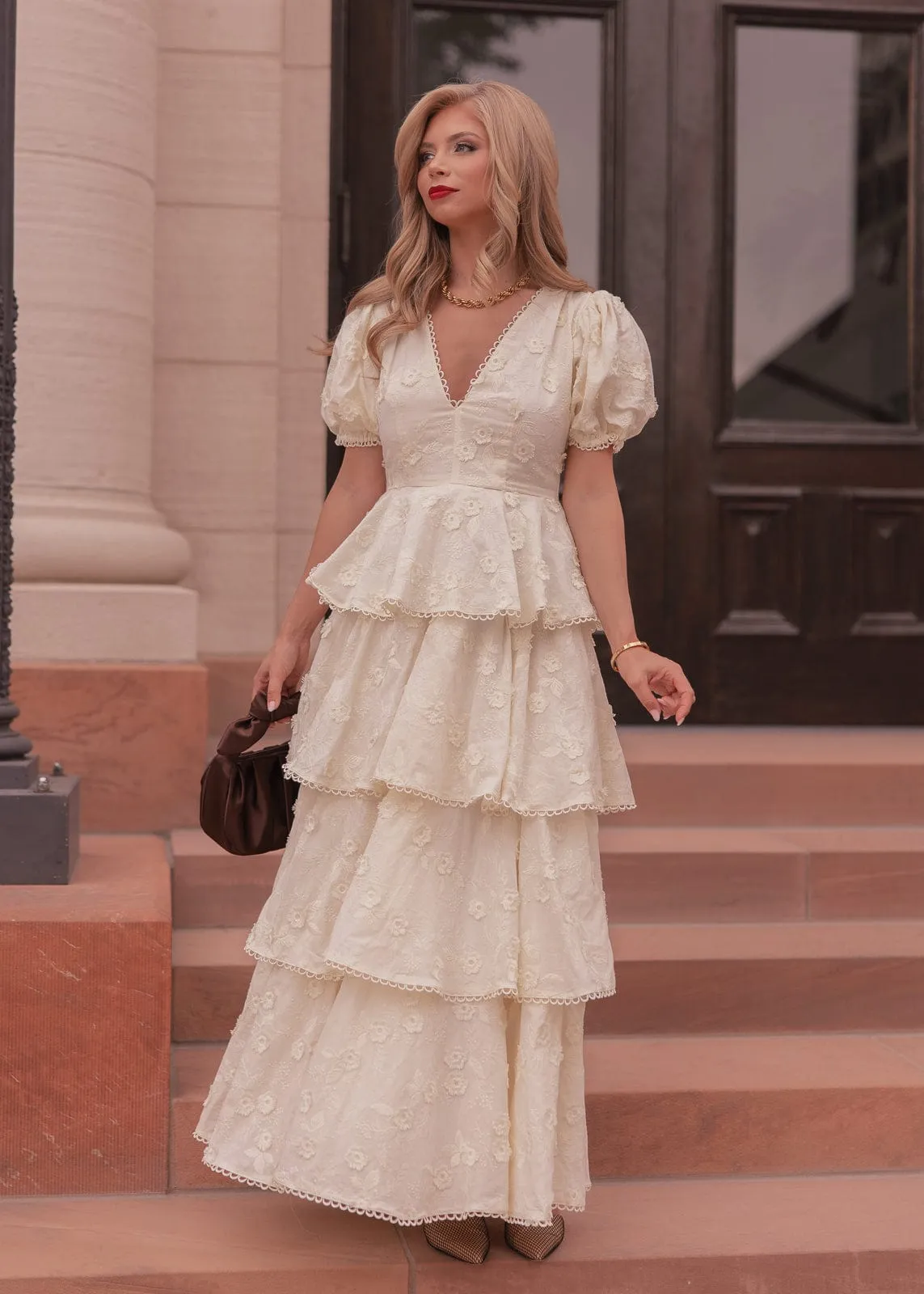 Sloane Puff Sleeve Tiered Cotton Floral V-Neck Maxi Dress - Cream sold by JessaKae product image thumbnail 3