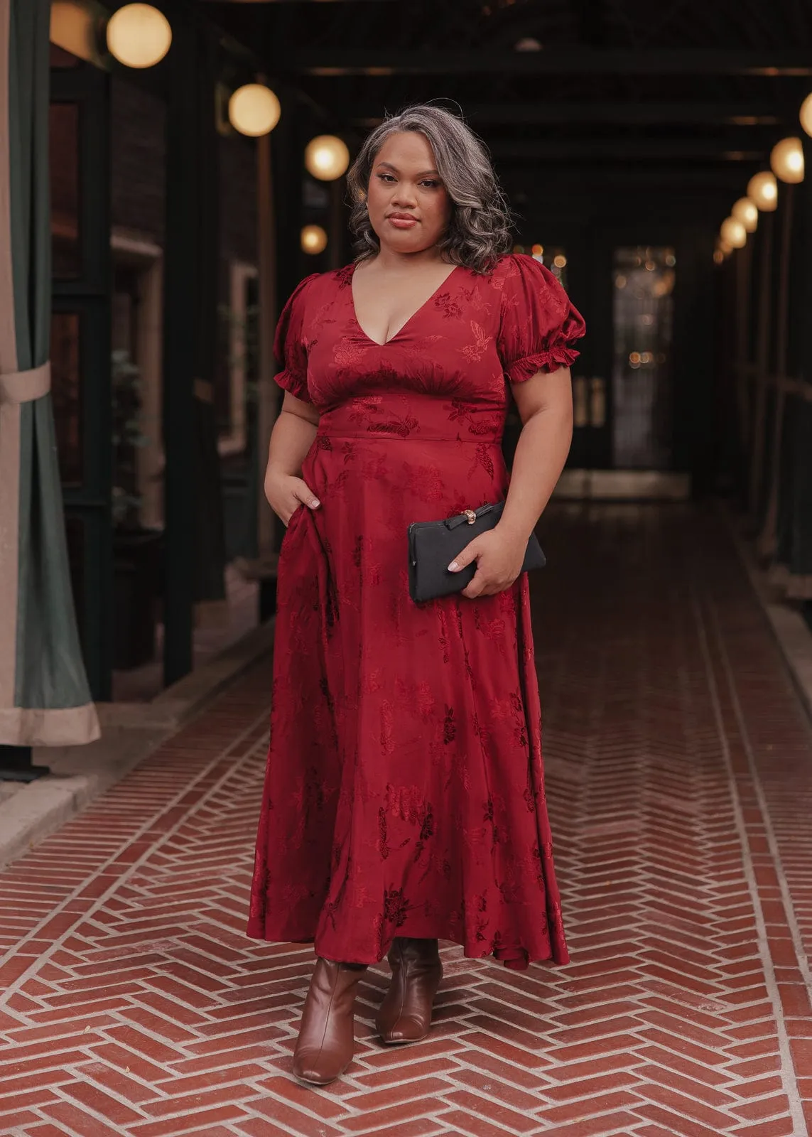 Mila Puff Sleeve Jacquard Floral Satin V-Neck Midi Dress - Burgundy sold by JessaKae product image thumbnail 3