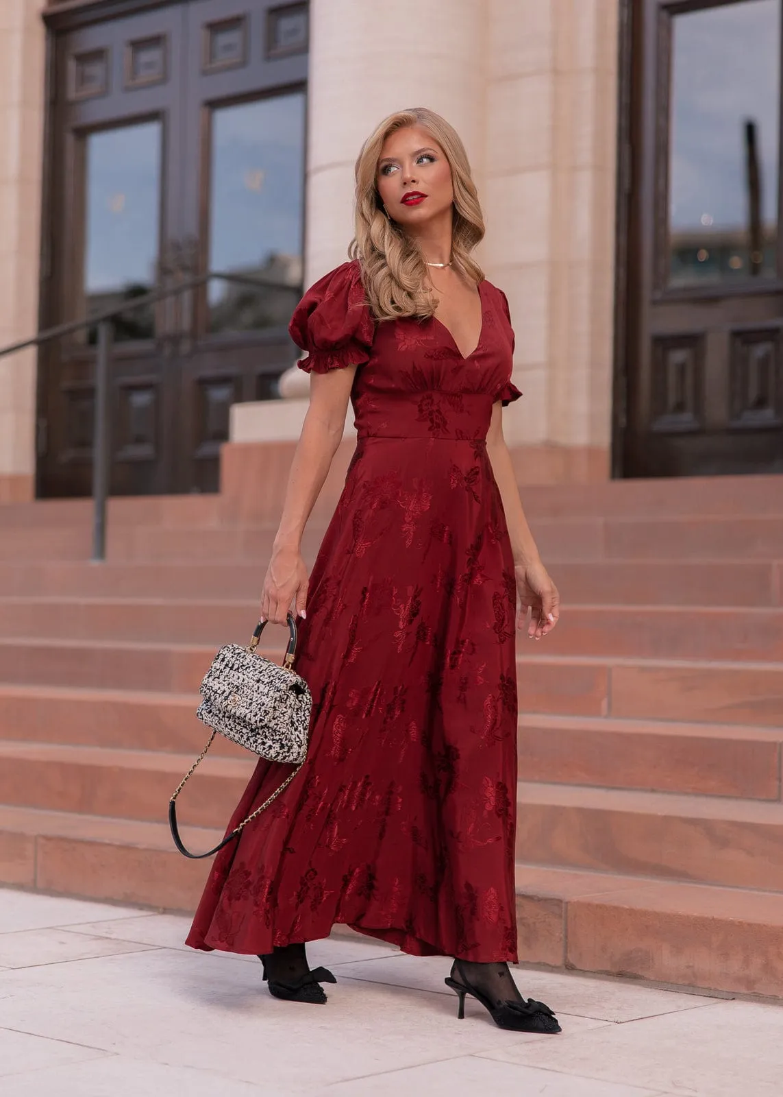 Mila Puff Sleeve Jacquard Floral Satin V-Neck Midi Dress - Burgundy sold by JessaKae product image thumbnail 4