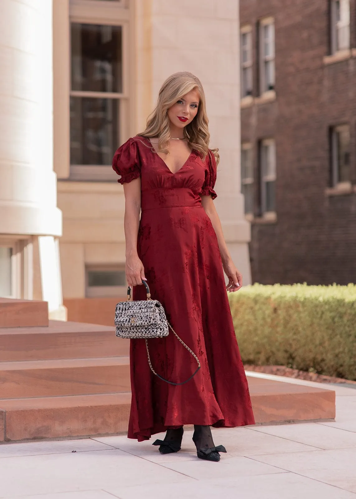 Mila Puff Sleeve Jacquard Floral Satin V-Neck Midi Dress - Burgundy sold by JessaKae product image thumbnail 2