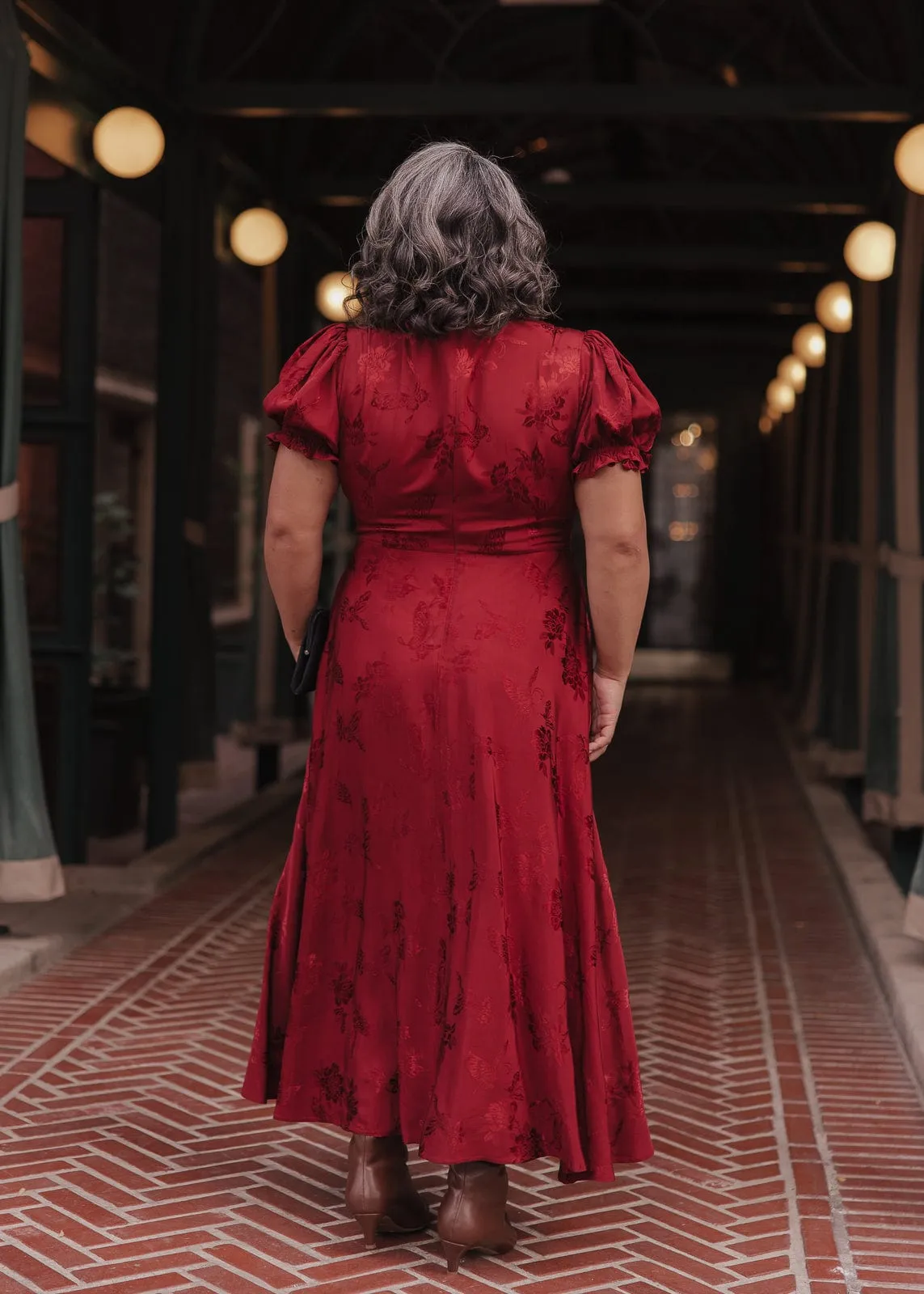 Mila Puff Sleeve Jacquard Floral Satin V-Neck Midi Dress - Burgundy sold by JessaKae product image thumbnail 5