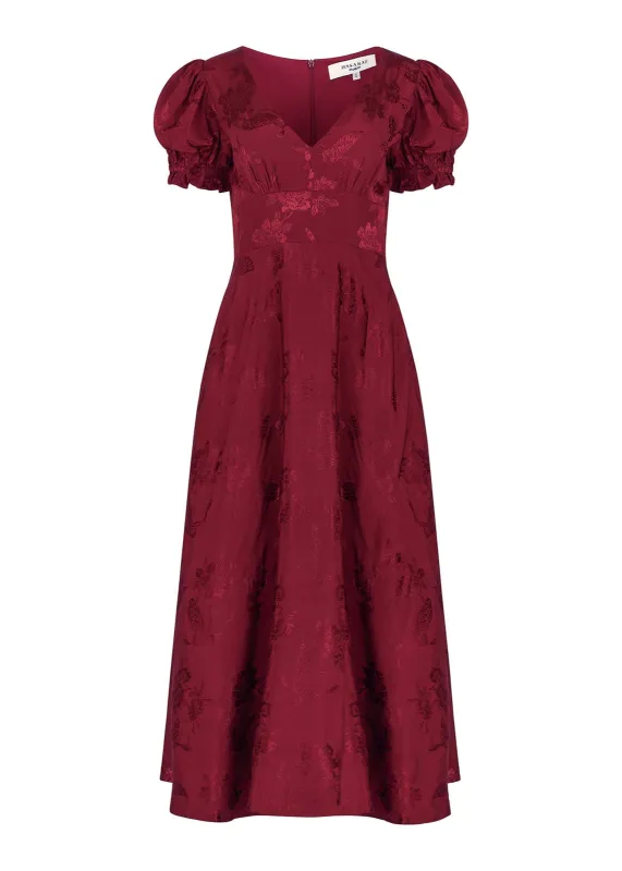 Mila Puff Sleeve Jacquard Floral Satin V-Neck Midi Dress - Burgundy sold by JessaKae