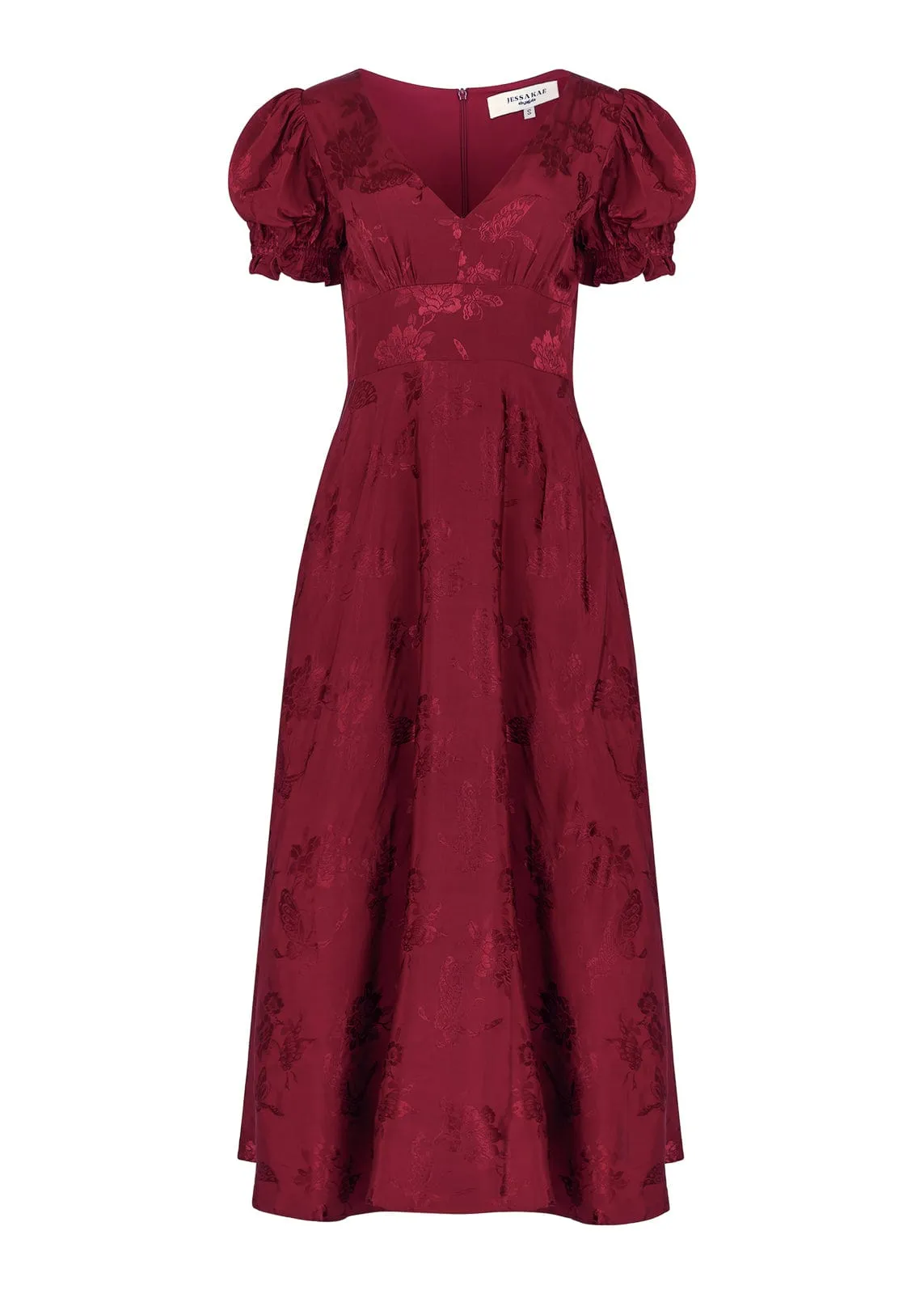 Mila Puff Sleeve Jacquard Floral Satin V-Neck Midi Dress - Burgundy sold by JessaKae