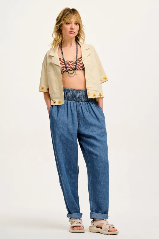 Alexa - Cotton & Hemp Trousers in Mid Wash Blue sold by Lucy & Yak