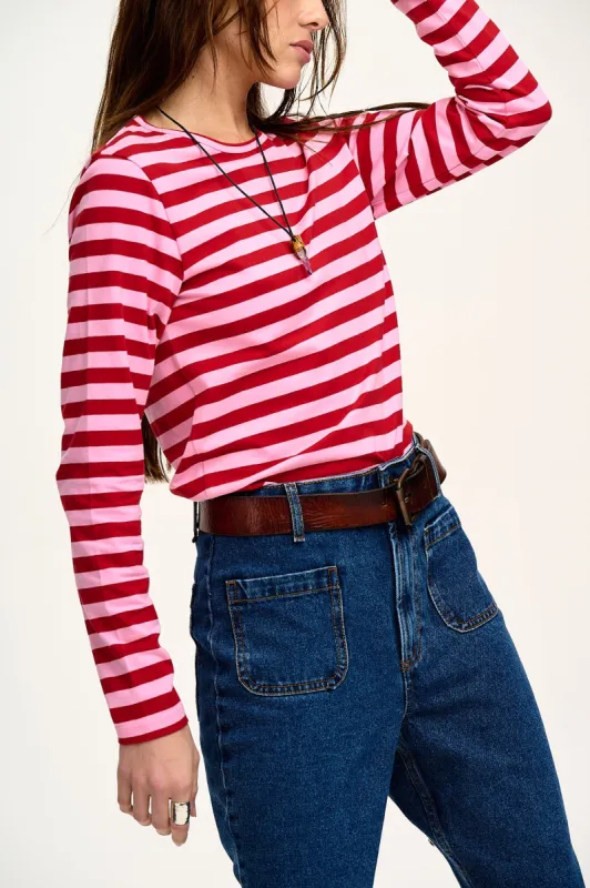 Rey - Long Sleeve Cotton Top in Pink & Red Stripe sold by Lucy & Yak