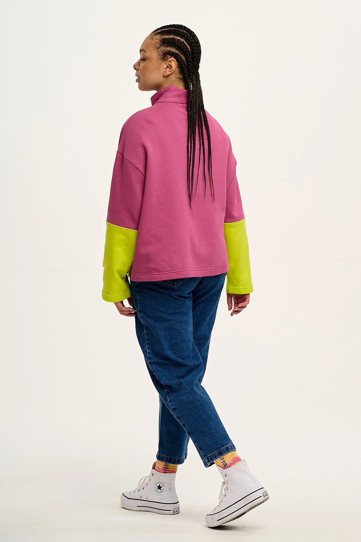 Taylor - Half Zip Cotton Sweatshirt in Grape & Green Block
