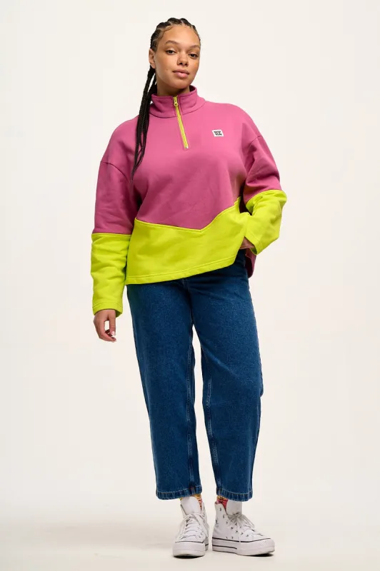 Taylor - Half Zip Cotton Sweatshirt in Grape & Green Block made by Lucy & Yak
