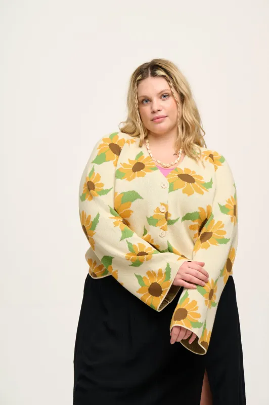 Robyn - V-Neck Cotton Cardigan in Sunflower Print sold by Lucy & Yak