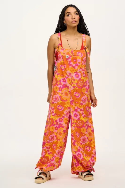 Ali - Slouchy Pink Cotton Dungarees in Marigold Print made by Lucy & Yak