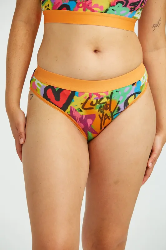 Cora - Cotton & Bamboo Bikini Pant in Graffiti Print made by Lucy & Yak