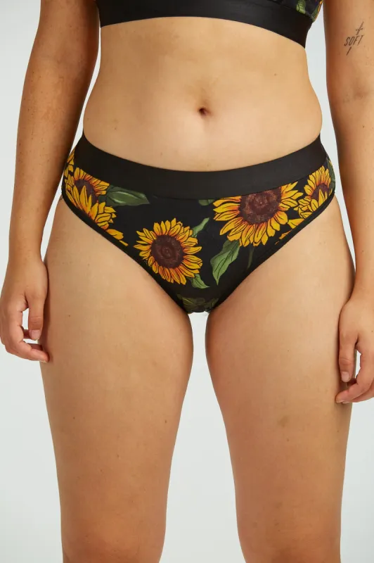 Cora - Cotton & Bamboo Bikini Pant in Sunflower Print made by Lucy & Yak