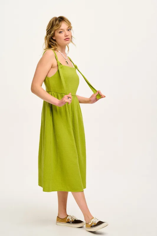 Faye - Midi Cotton Gauze Dress in Chartreuse Green sold by Lucy & Yak