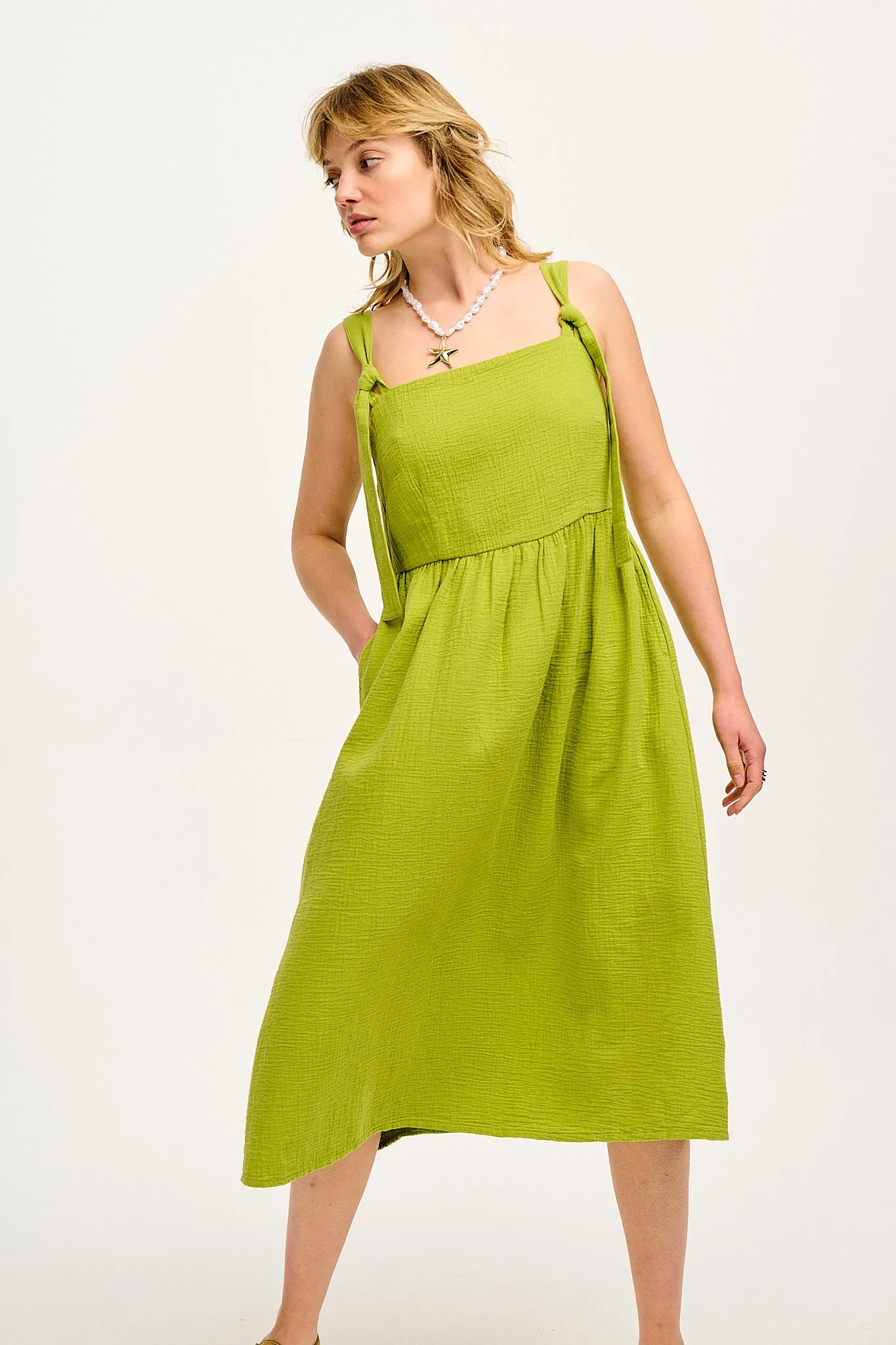 Faye - Midi Cotton Gauze Dress in Chartreuse Green sold by Lucy & Yak product image thumbnail 3