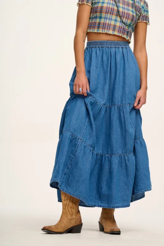 Brie - Maxi Cotton & Hemp Skirt in Mid Wash Blue sold by Lucy & Yak