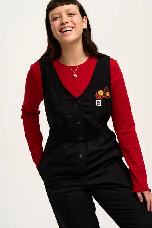 Juni - V-Neck Cotton Jumpsuit with Floral Embroidery sold by Lucy & Yak