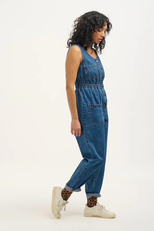 Juni - Denim Jumpsuit in Mid Wash Blue sold by Lucy & Yak