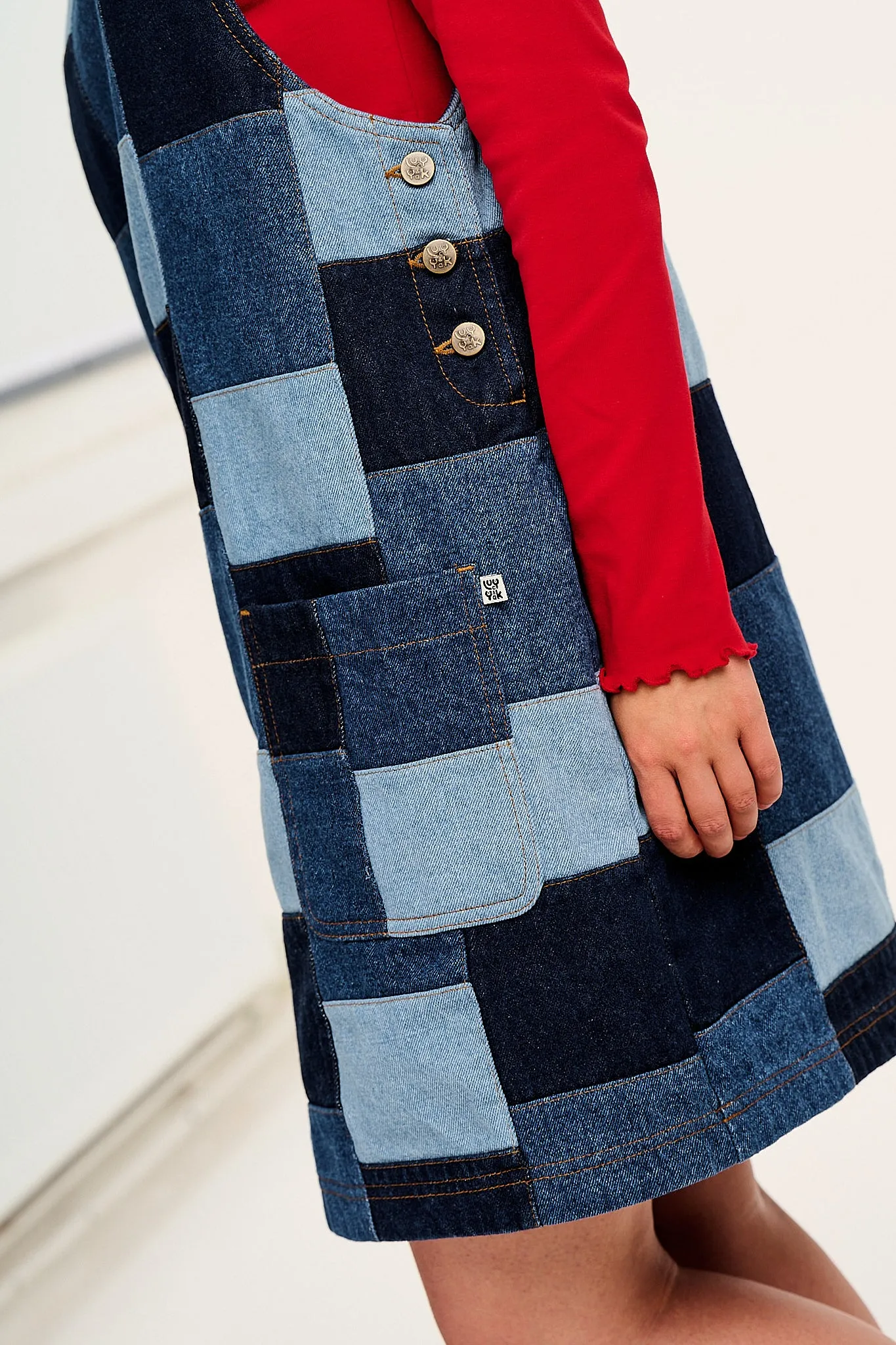 Layla - Mini Denim Dress in Paige Patchwork Print sold by Lucy & Yak product image thumbnail 4