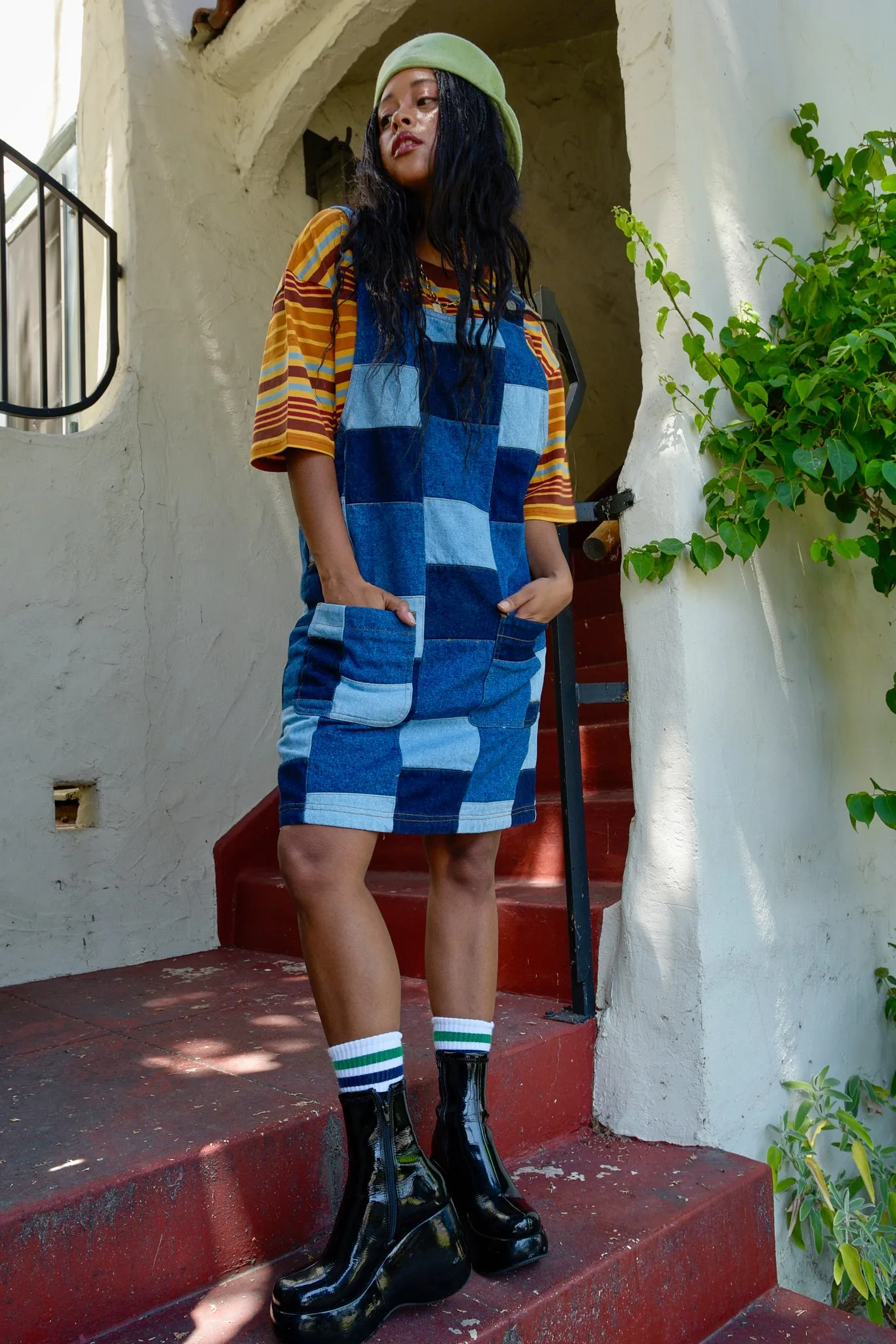 Layla - Mini Denim Dress in Paige Patchwork Print sold by Lucy & Yak