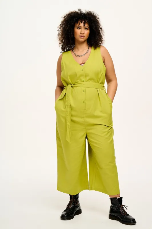 Finn - V-Neck Cotton & Linen Jumpsuit in Chartreuse Green sold by Lucy & Yak