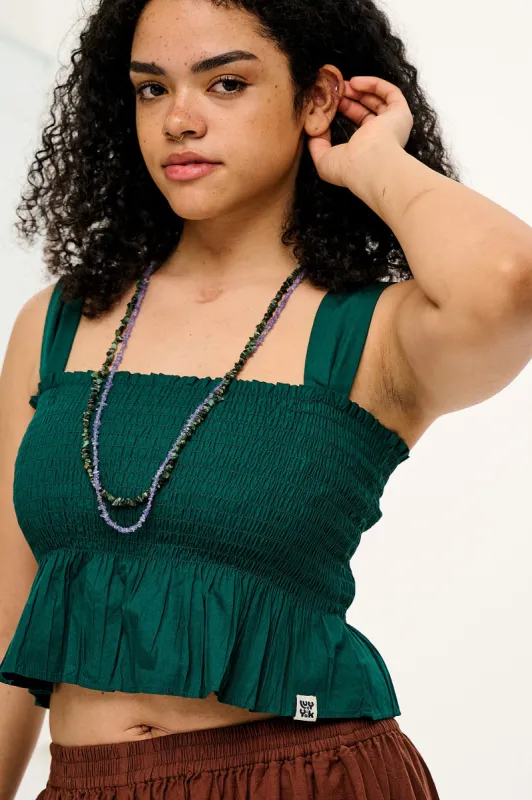 Daisy - Shirred Cotton Top in Botanical Green sold by Lucy & Yak