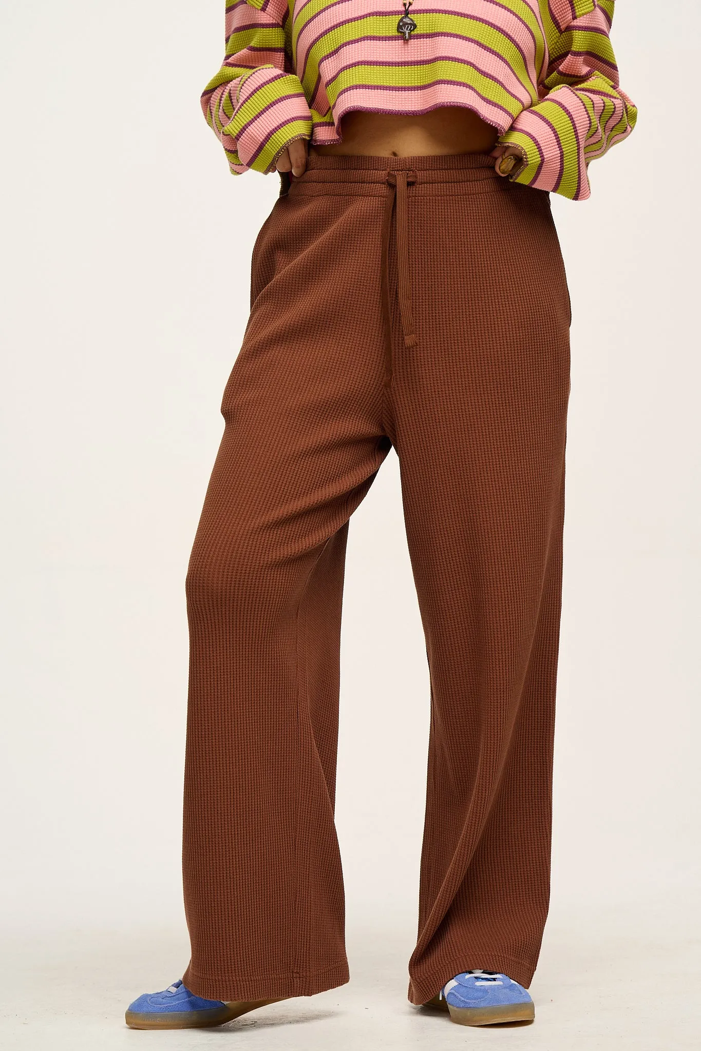 Larson - Wide Leg Waffle Cotton Joggers in Cappuccino sold by Lucy & Yak