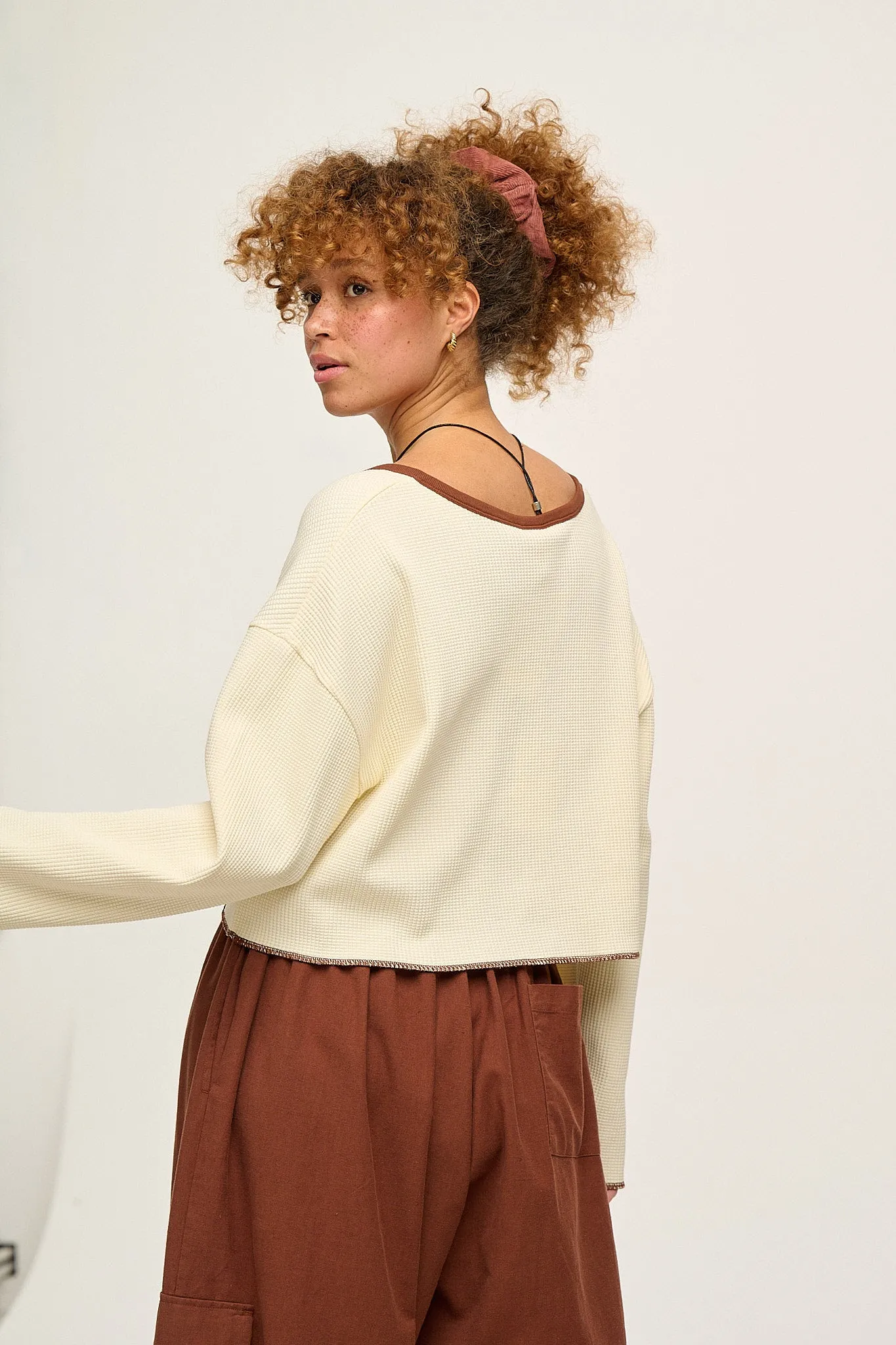 Roberta - Long Sleeve Waffle Cotton Tee in Ecru sold by Lucy & Yak product image thumbnail 3