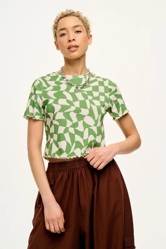 Greta - Cropped Cotton Top in Green Checkers Print sold by Lucy & Yak