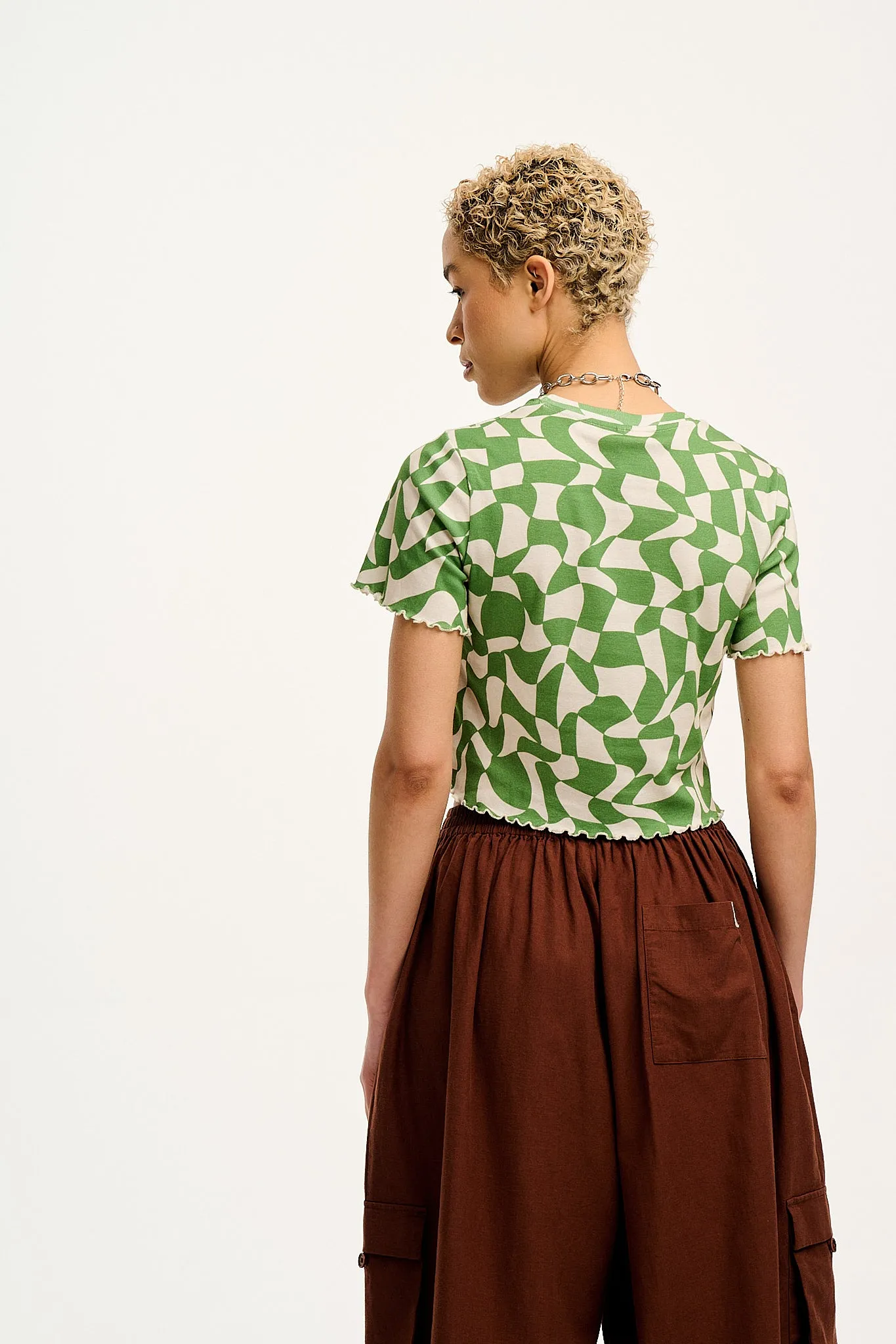 Greta - Cropped Cotton Top in Green Checkers Print sold by Lucy & Yak product image thumbnail 4