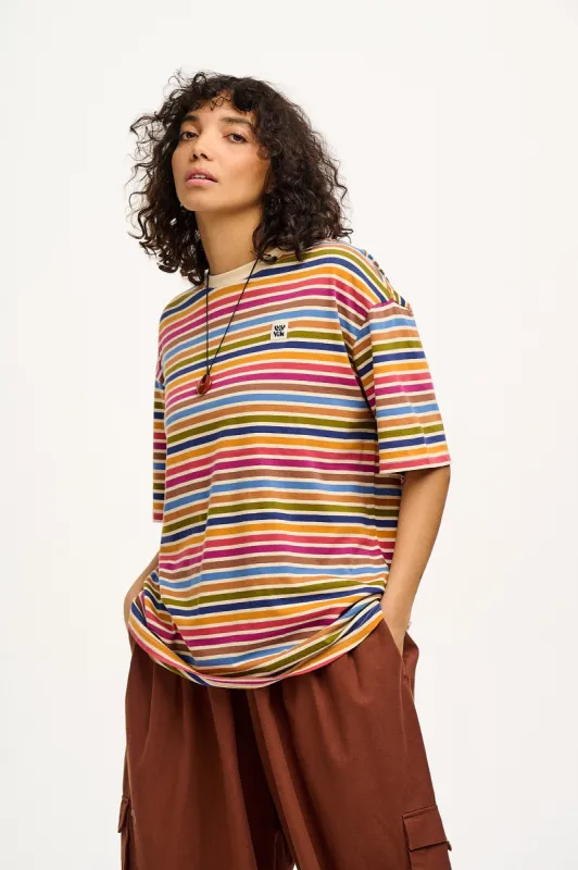 Benny - Oversized Cotton Tee in Rainbow & Ecru Stripe sold by Lucy & Yak