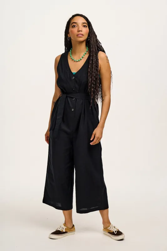 Finn - V-Neck Cotton & Linen Jumpsuit in Black sold by Lucy & Yak