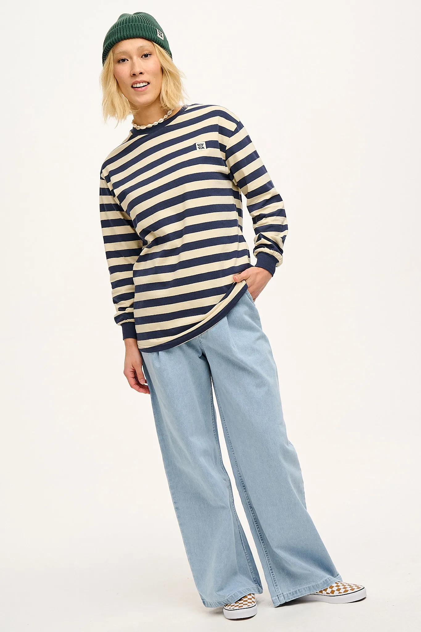 Kenny - Long Sleeve Skater Cotton Tee in Navy & Ecru Stripe sold by Lucy & Yak product image thumbnail 2