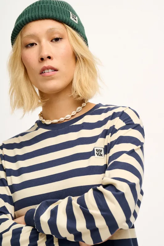 Kenny - Long Sleeve Skater Cotton Tee in Navy & Ecru Stripe sold by Lucy & Yak