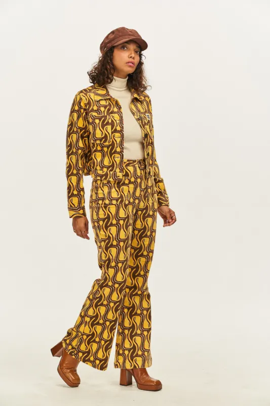 Ziggy - Flare Corduroy Trousers in Feline Fine Print sold by Lucy & Yak