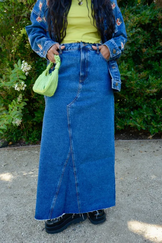 Liv - Maxi Denim Skirt in Mid Wash Blue sold by Lucy & Yak