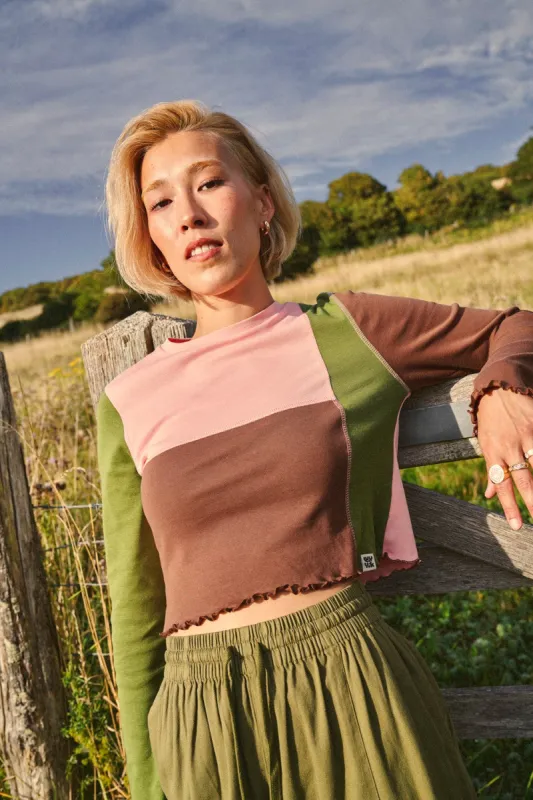 Hansel - Long Sleeve Cotton Top in Khaki, Brown & Rose Pink sold by Lucy & Yak