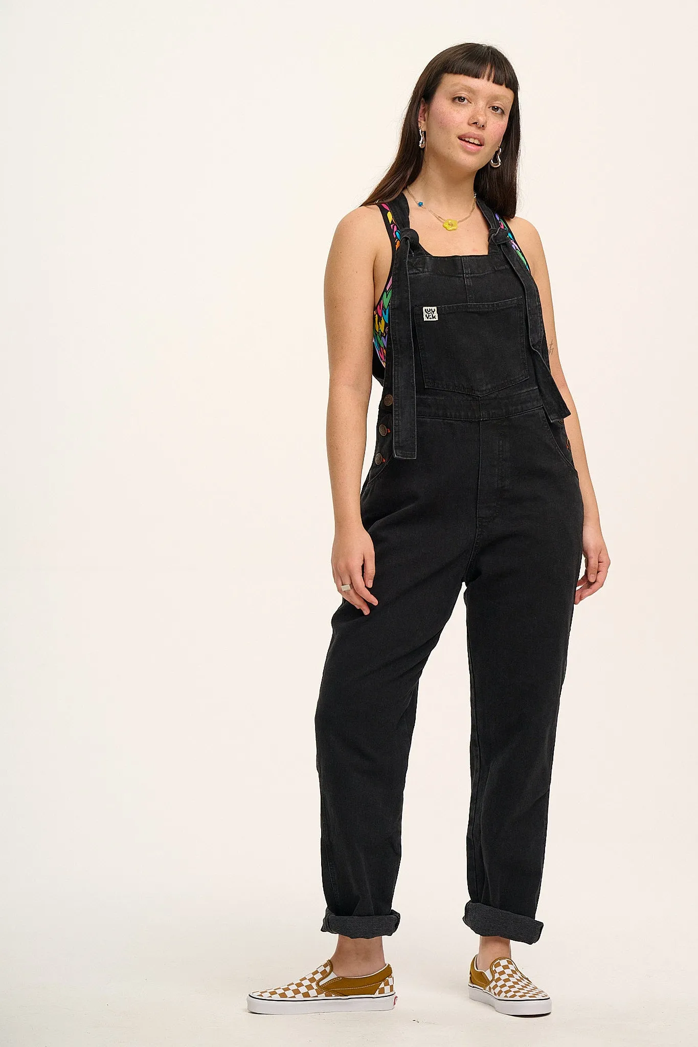 Reuben - Denim Dungarees in Washed Black sold by Lucy & Yak