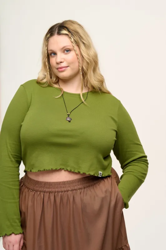 Hansel - Long Sleeve Cotton Crop Top in Pesto Green sold by Lucy & Yak