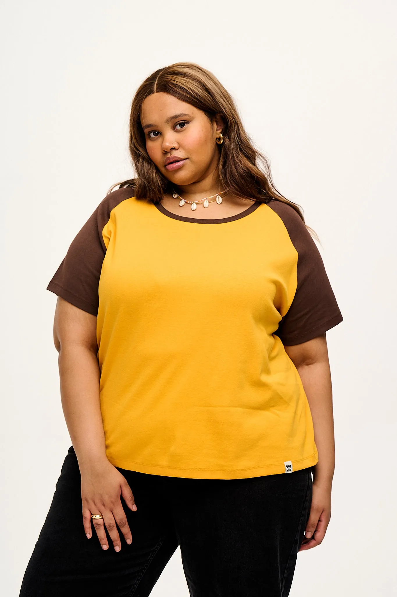 Maya - Cotton Tee in Orange & Brown Raglan sold by Lucy & Yak