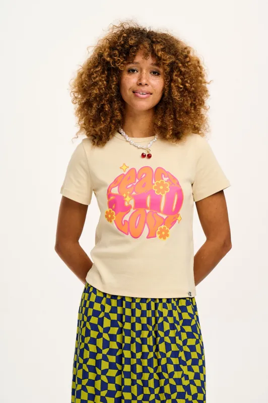 Maya - Cotton Tee in Peace and Love Print sold by Lucy & Yak