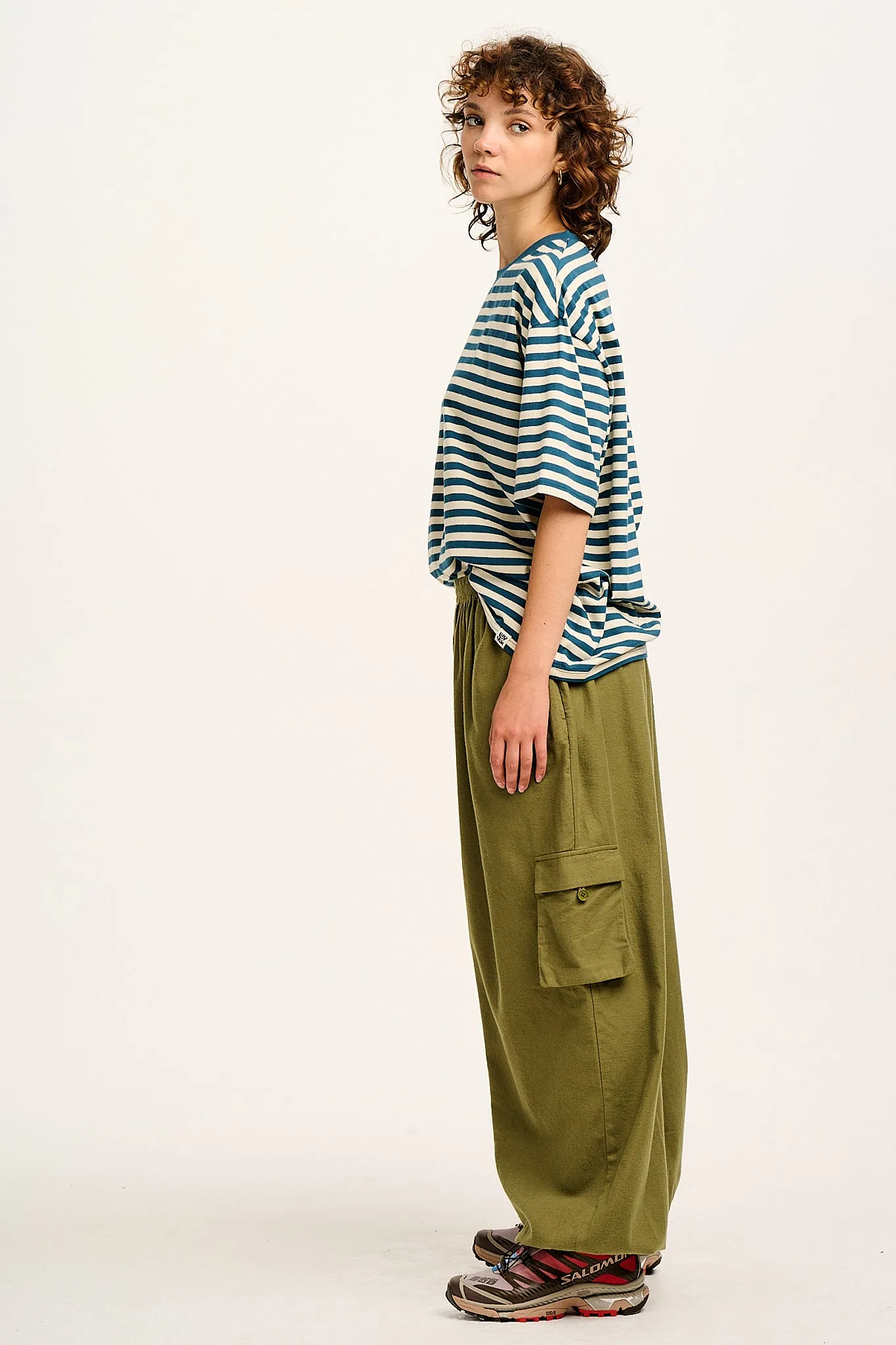 Rumi - Cargo Brushed Cotton Trousers in Khaki sold by Lucy & Yak product image thumbnail 4