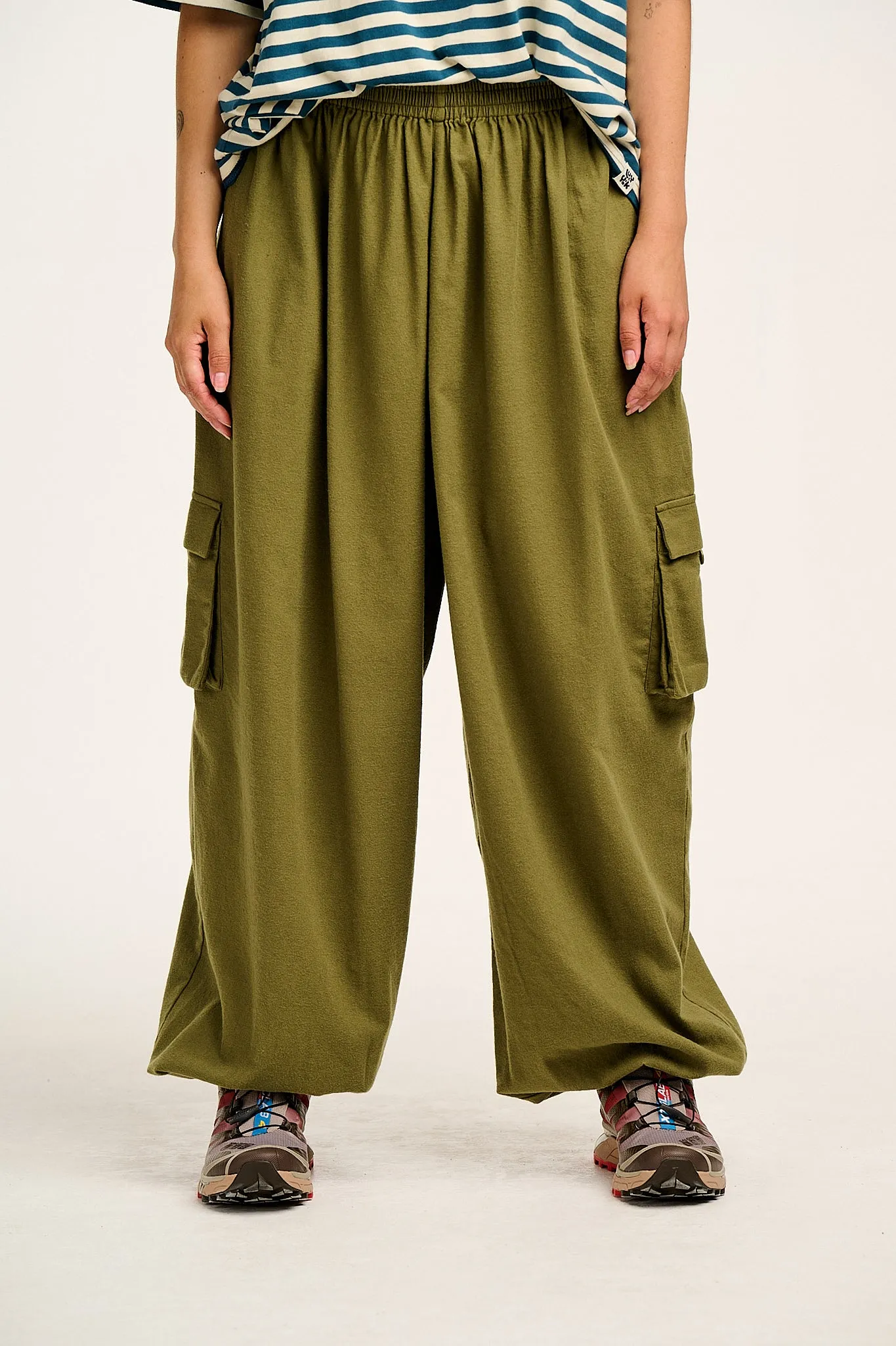 Rumi - Cargo Brushed Cotton Trousers in Khaki sold by Lucy & Yak product image thumbnail 2