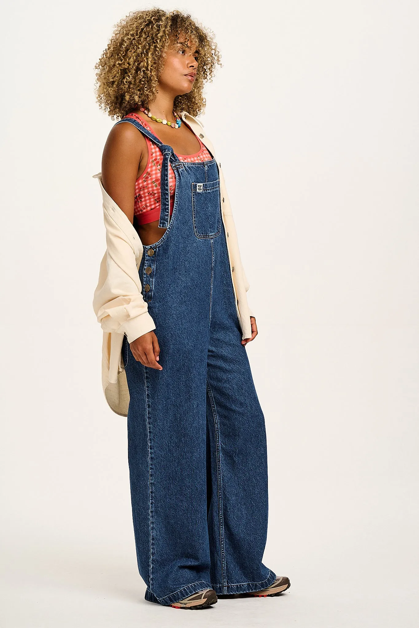 Ali - Slouchy Denim Dungarees in Mid Wash Blue sold by Lucy & Yak