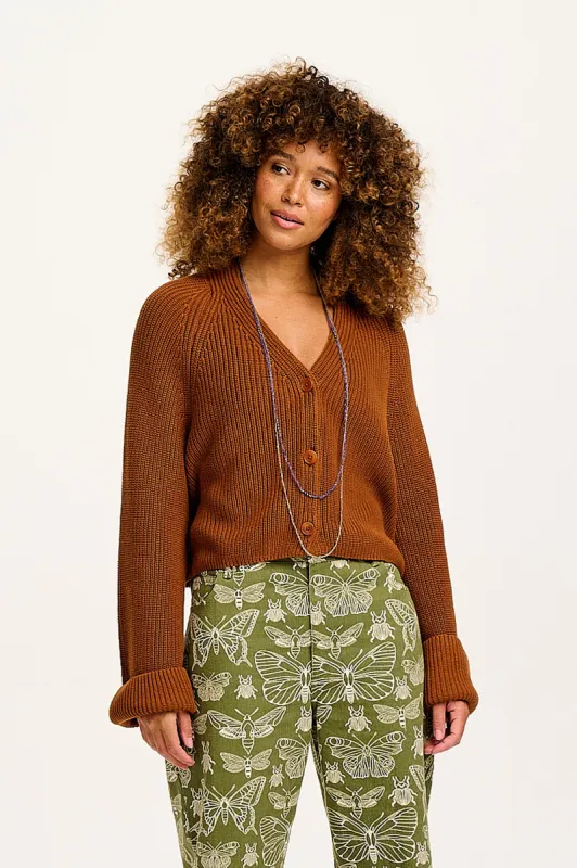 Robyn - V-Neck Knitted Cardigan in Caramel Cafe brown sold by Lucy & Yak