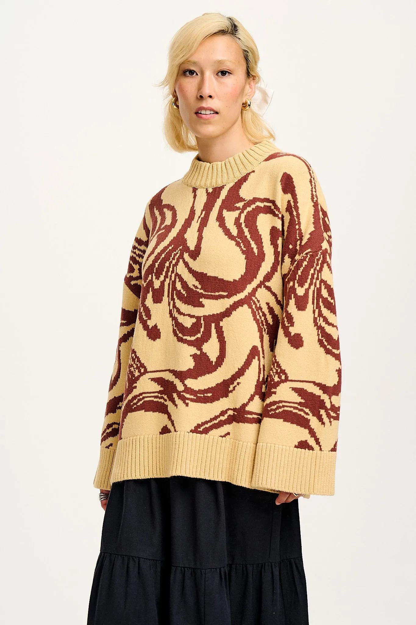 Amari - Oversized Knitted Jumper in Cream & Brown Swirl sold by Lucy & Yak product image thumbnail 3