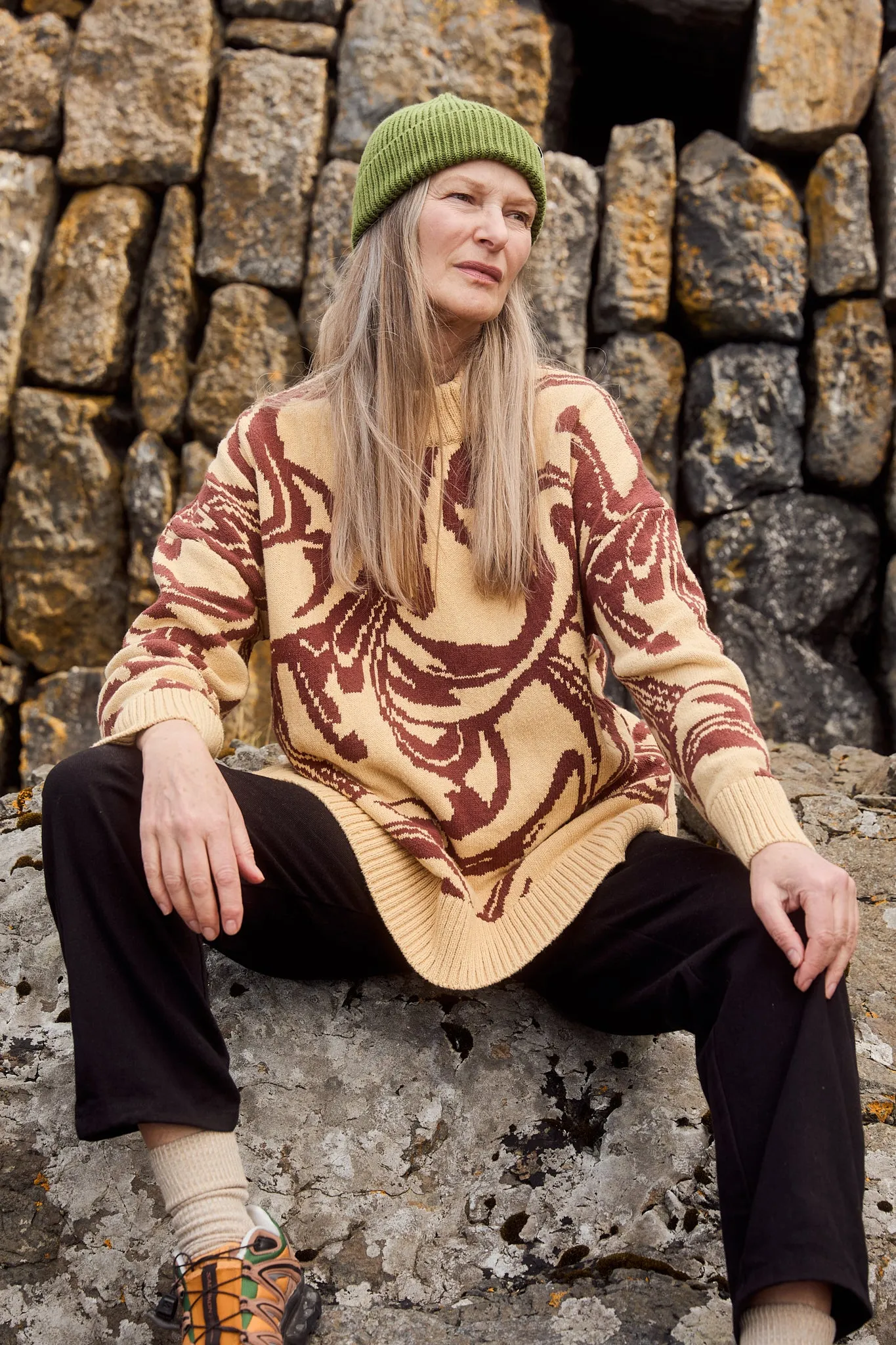Amari - Oversized Knitted Jumper in Cream & Brown Swirl sold by Lucy & Yak