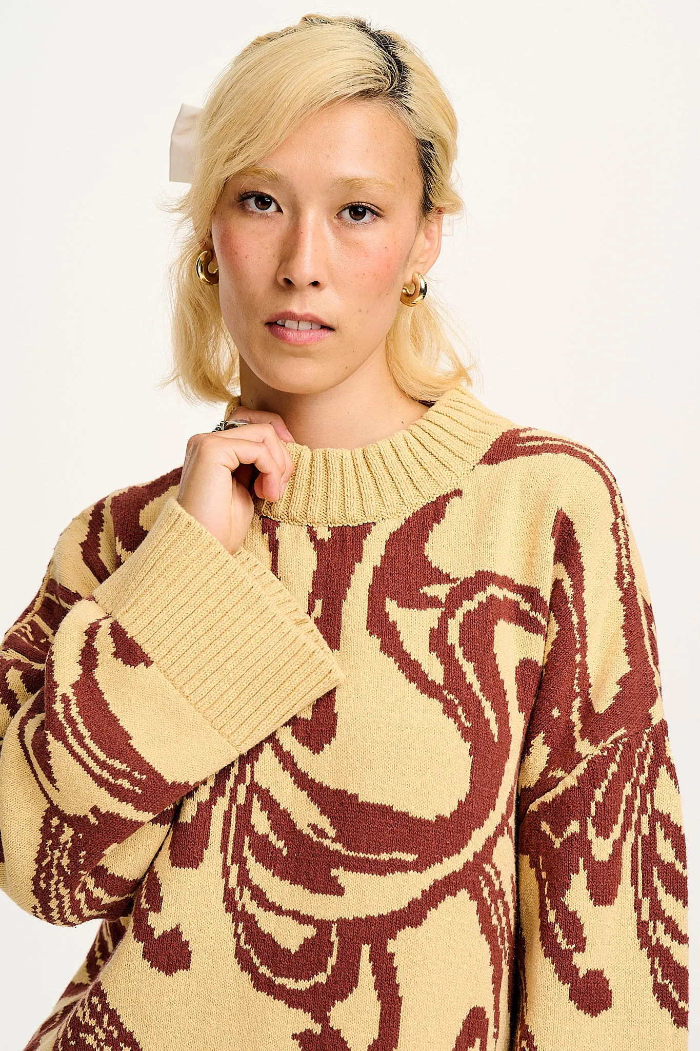 Amari - Oversized Knitted Jumper in Cream & Brown Swirl sold by Lucy & Yak product image thumbnail 2