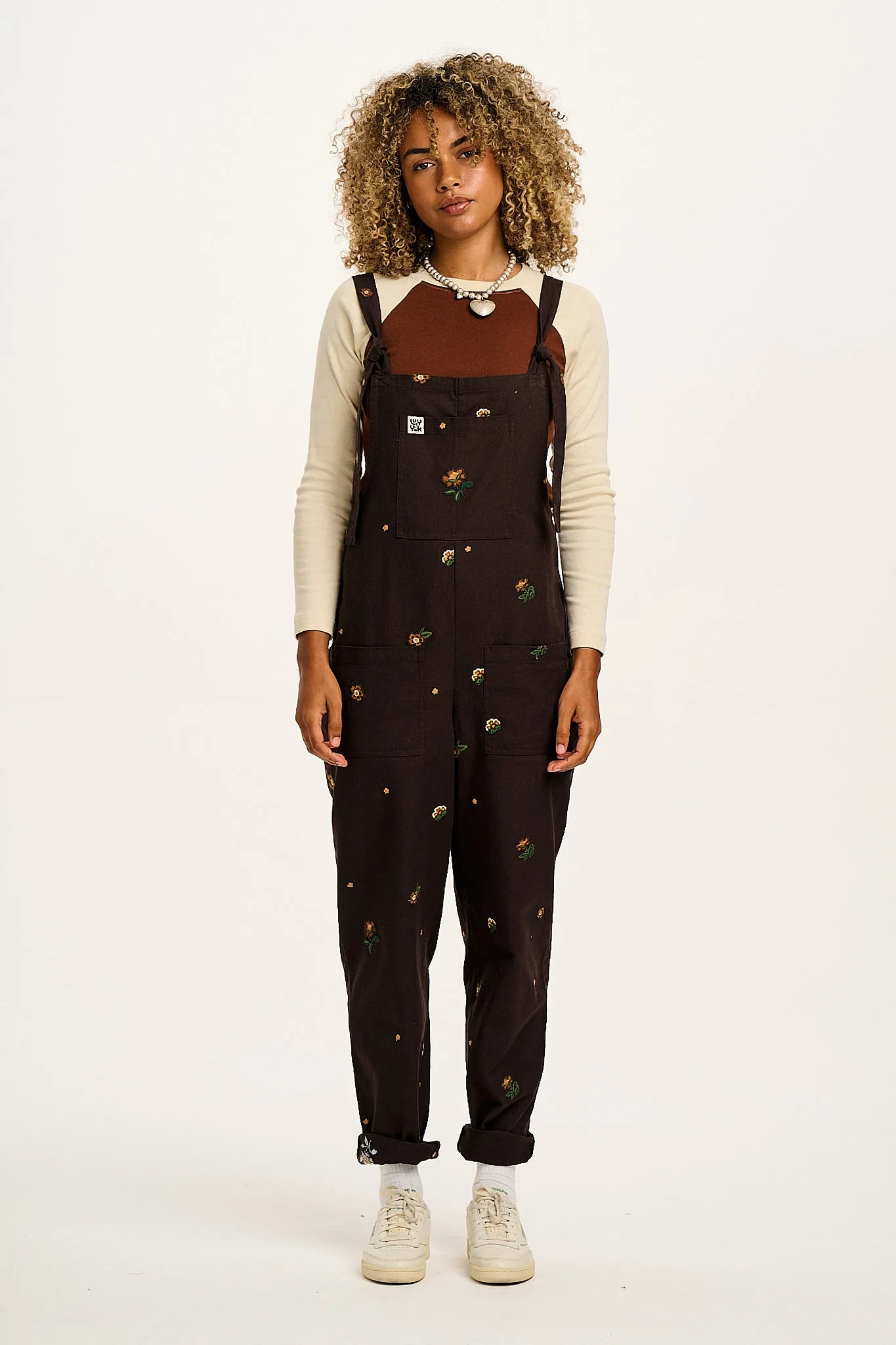 Original - Cotton Dungarees in Brown with Clara Embroidery sold by Lucy & Yak