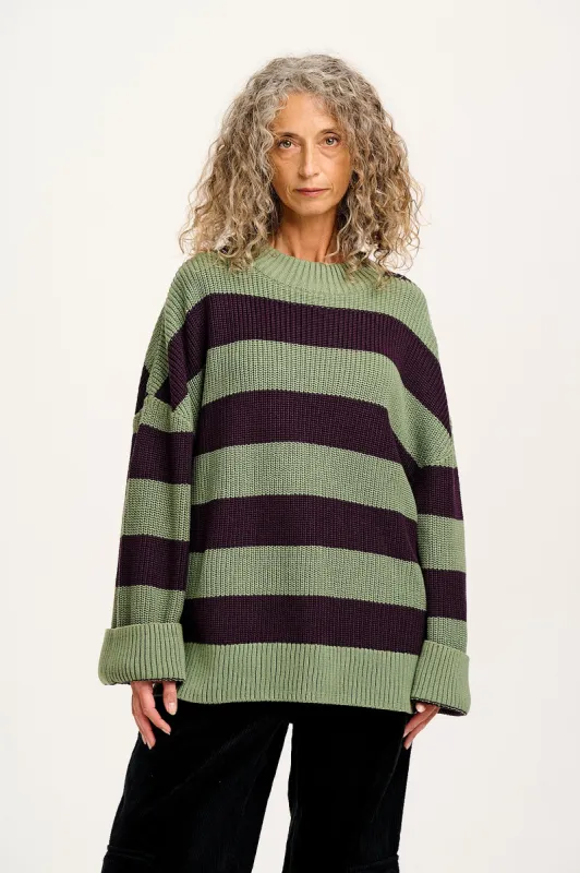 Amari - Oversized Knitted Jumper in Green & Purple Stripe sold by Lucy & Yak