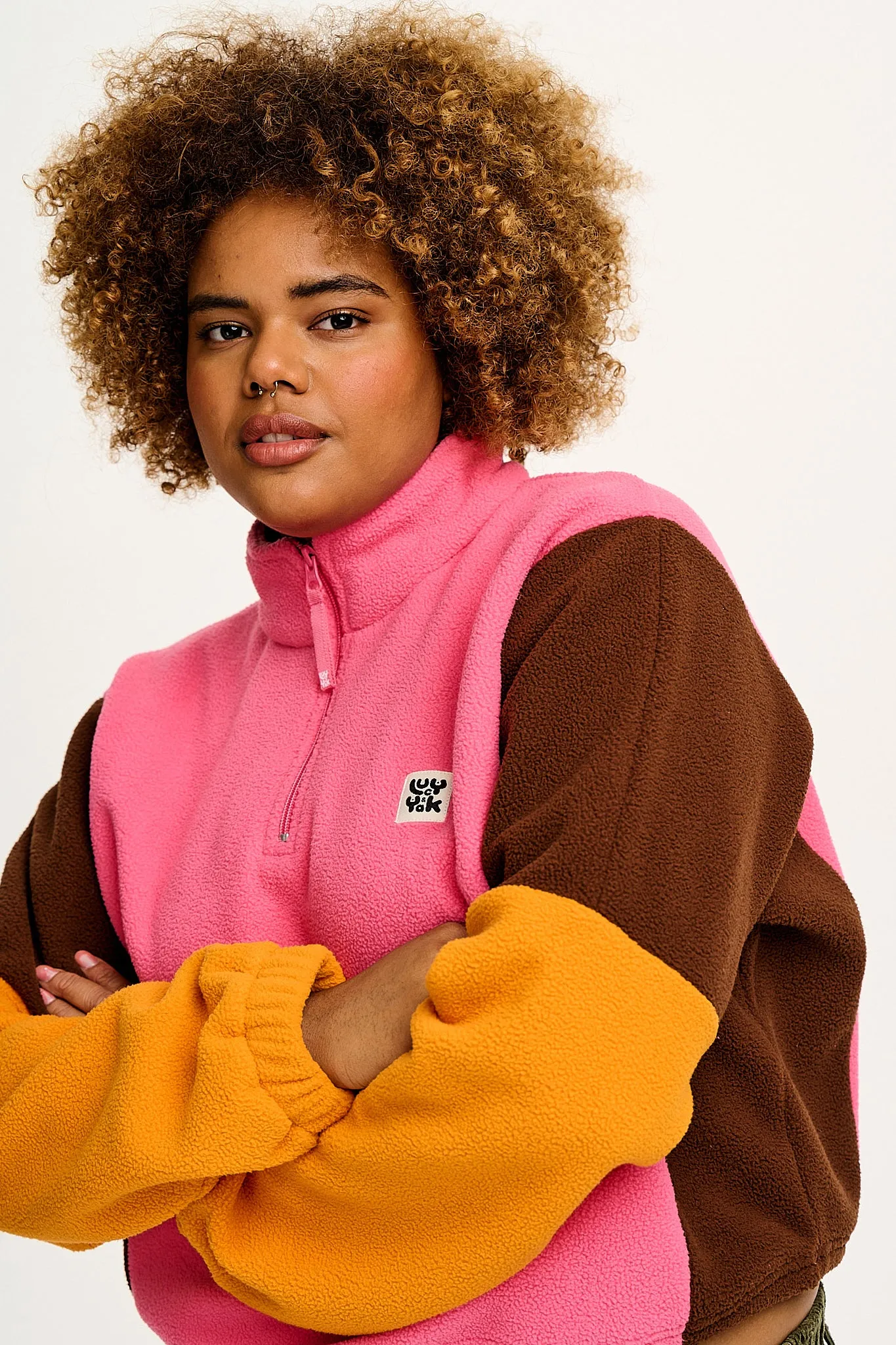 Blake - Cropped Polar Fleece in Ash Pink, Brown & Orange sold by Lucy & Yak product image thumbnail 2