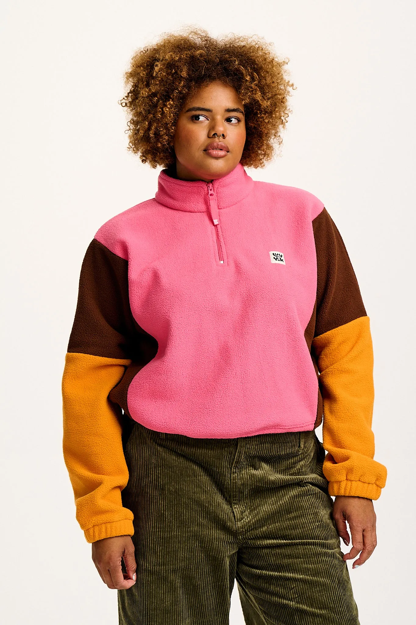 Blake - Cropped Polar Fleece in Ash Pink, Brown & Orange sold by Lucy & Yak product image thumbnail 3